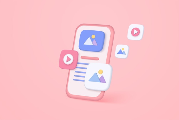 Трехмерные векторные минимальные социальные сети с видео и фотогалереей в мобильном приложении и мобильном веб-дизайне, оптимизация пользовательского интерфейса для баннера и веб-сайта. Изображение 3D визуализации на розовом фоне