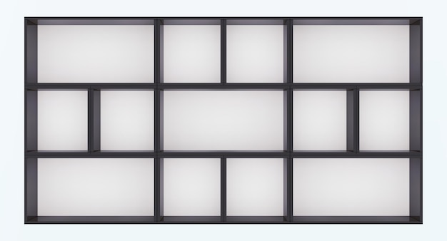 3D vector mockup of black empty cabinet with shelves on white wall