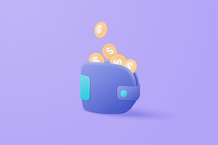 Vector 3d vector money holding wallet, dollar coin on isolate background, online payment and money saving concept. 3d holding wallet render for business, bank, finance, investment