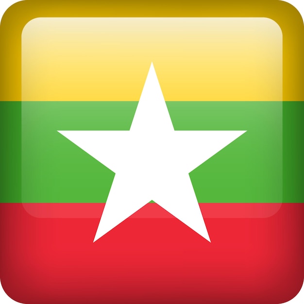 Vector 3d vector myanmar flag glossy button myanmar national emblem square icon with flag of myanmar