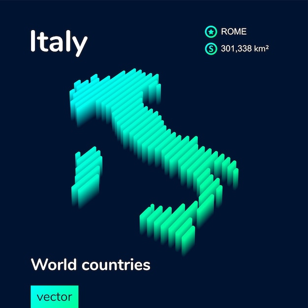 3D векторная неоновая изометрическая карта Италии находится в бирюзовых тонах на темно-синем фоне