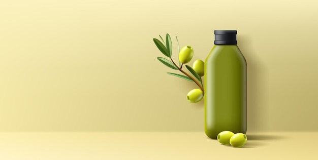 3d Vector Olive Oil Bottle with Olives Branch and with Leaves and green olives realistic graphics advertising poster template