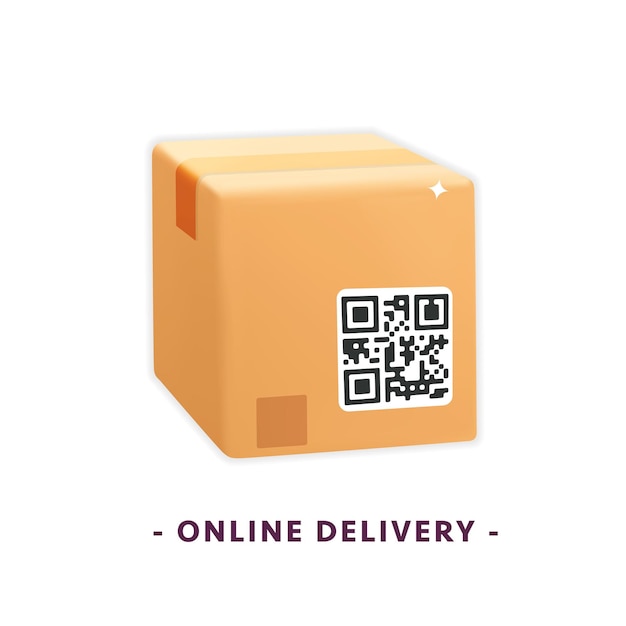 3d vector parcel cardboard cargo box qr code mobile app fast service delivery web mockup design