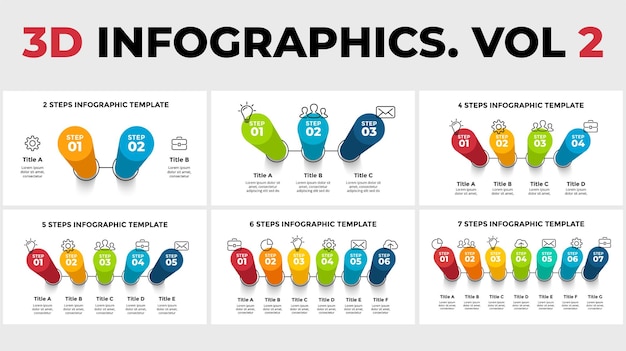 3d vector perspective infographics pack круговые диаграммы столп 3 4 5 6 7 8 шагов временная шкала