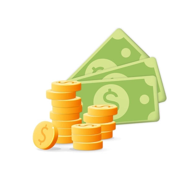 3d vector pile stack coins and green dollar banknote bills money icon banner design