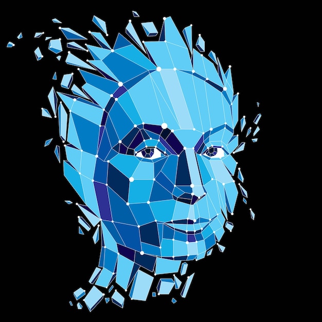 3d vector portrait created with lines mesh. Intelligence allegory, blue low poly face with splinters which fall apart, head exploding with ideas, thoughts and imagination.