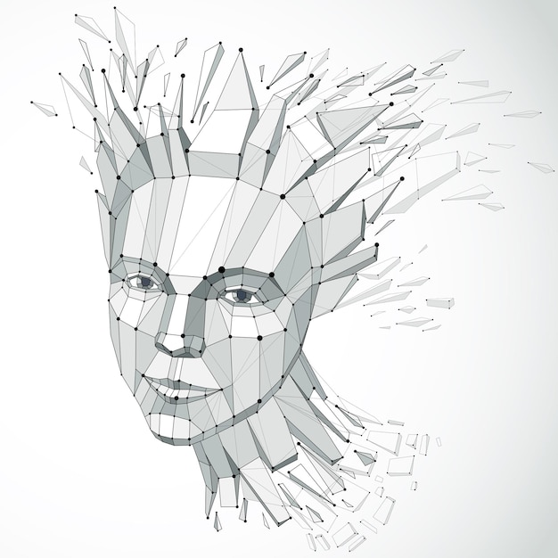 Vector 3d vector portrait created with lines mesh. intelligence allegory, grayscale low poly face with splinters which fall apart, head exploding with ideas, thoughts and imagination.