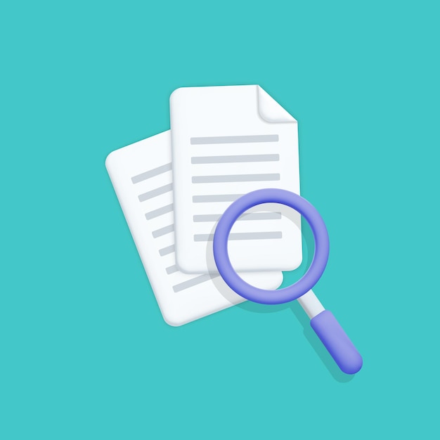 3d vector purple search icon or magnifying glass symbol looking in documents design illustration