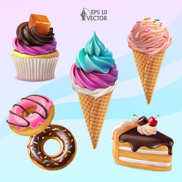 3d vector realistic food set caramel cupcake flavored ice cream glazed donuts chocolate cherry cake