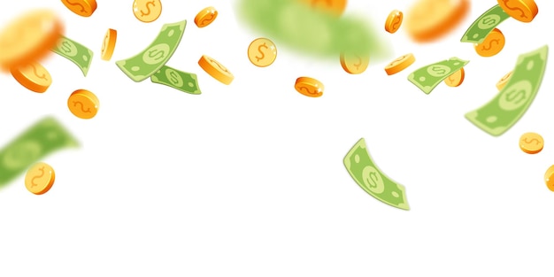 Vector 3d vector realistic render falling down gold dollar coins and paper currency explosion banner design