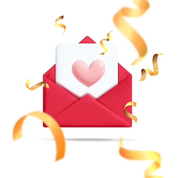 Вектор 3d векторный реалистичный рендер шаблон дня святого валентина любовь романтический красный конверт почтовое письмо розовое сердце