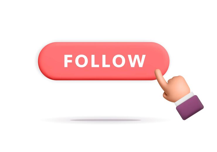 Vector 3d vector red subscribe follow button with hand cursor pointer clicking on it design element