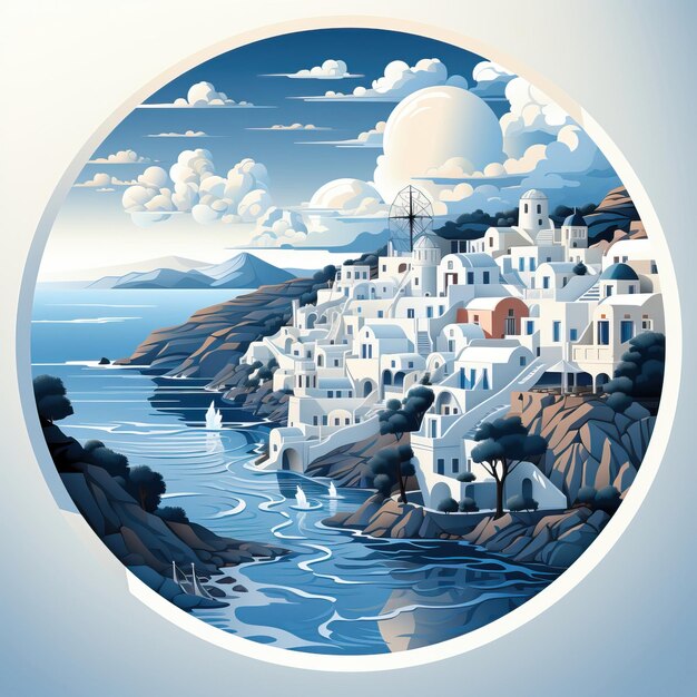 Vector 3d vector santorini oia zonsopgang op witte achtergrond sty