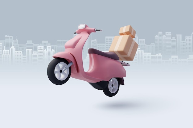 3D-vector scooter met doos levering Courier service tijd om te winkelen concept