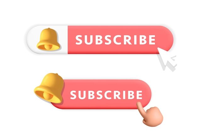 3d vector set red subscribe button bell reminder symbol hand mouse cursor pointer on it design