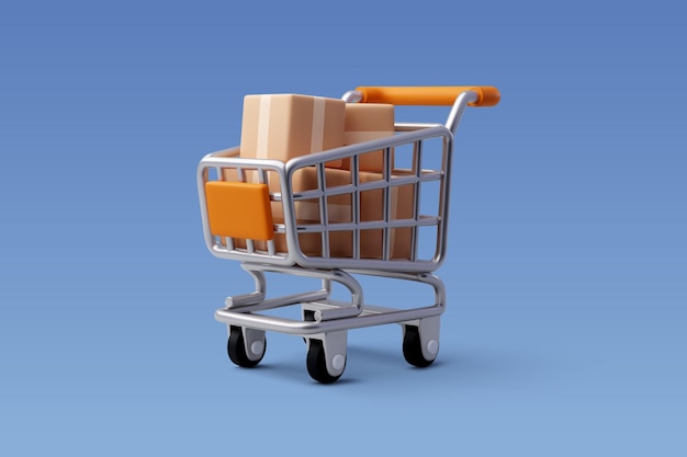 Carrello della spesa vettoriale 3d con scatole per pacchi concetto di shopping online