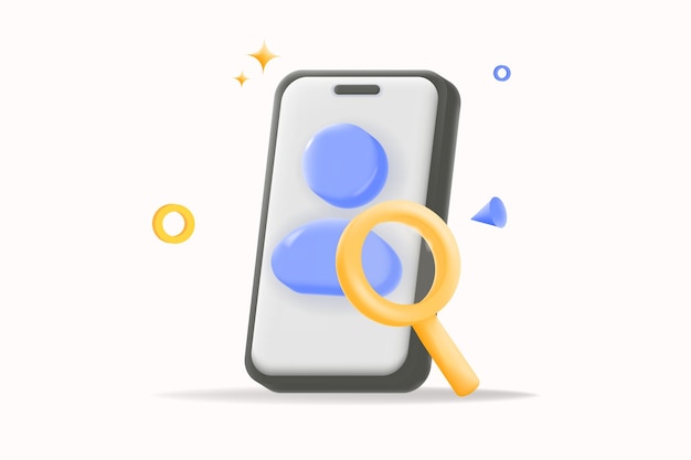 3D-vector-smartphone met vergrootglas en blauw icoon gebruikersprofiel gebruikerszoekgebruikersbrowsen