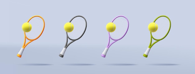 Vector 3d vector tennis racket with ball set in different colours illustration render style digital