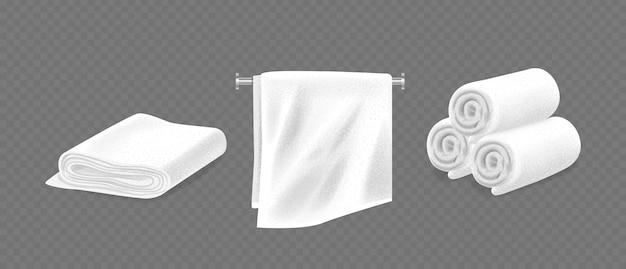 3d векторные терри полотенца, сложенные, висящие на рельсе и свернутые, подчеркивают чистоту и мягкость