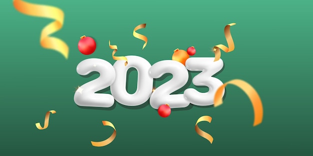 3D-vector vakantie banner sjabloon 2023 groene achtergrond met goud gedraaide confetti vliegende rode kerstbal