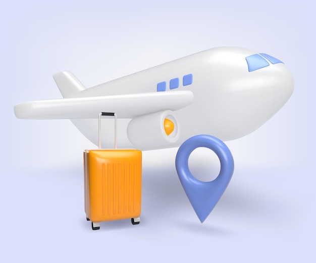 3D-vector van vliegtuigbagage en pinlocatie Geef elementen van toerisme en reizen weer