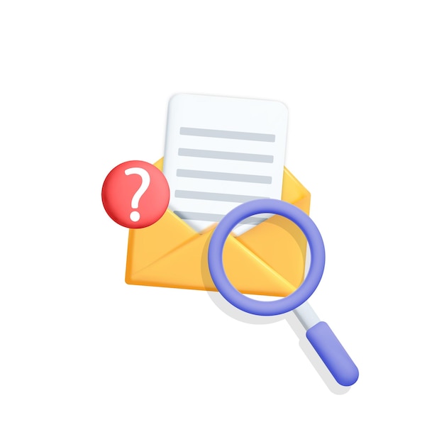 3d-vector vergrootglas zoeken brief e-mail vraagteken gele open envelop pictogram ontwerp