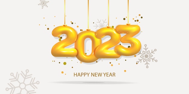 3d vector winter holiday Happy new Year template banner gold 2023 number and flying snowflake design