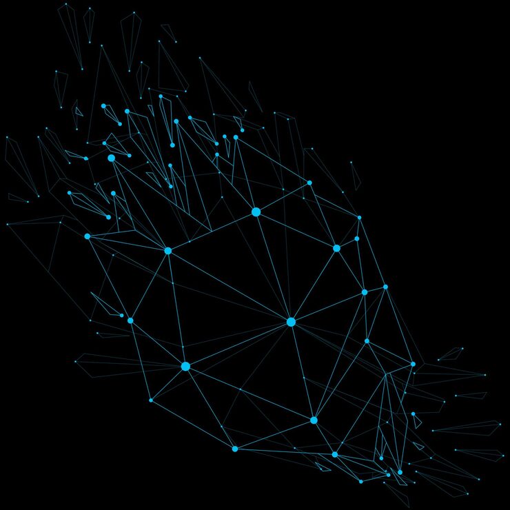 Вектор трехмерный векторный каркасный объект разбит на различные треугольные частицы, геометрическая многоугольная структура с сеткой синих линий. низкополикибернетическая форма с люминесцентным эффектом. искусство цифровых технологий.
