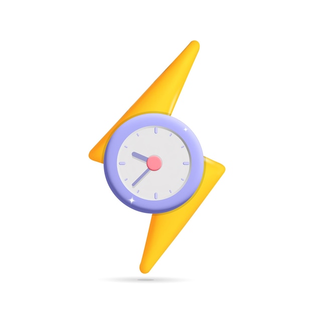 Vector 3d vector yellow flash thunder bolt symbol with time alarm clock watch icon design