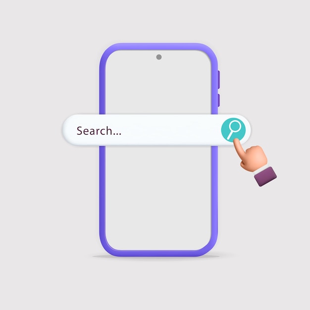 3D-vectorzoekbalk op mobiele telefoon in internetsjabloonontwerp
