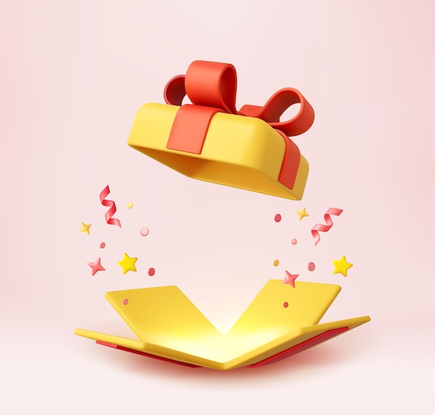 3D-verrassing open geschenkdoos met vallende confetti huidige doos als prijsconcept Kerstmis en Nieuwjaar verrassing huidige doos voor verjaardag 3D-rendering vectorillustratie