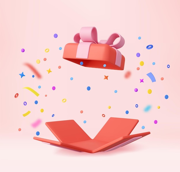 3D-verrassing open geschenkdoos met vallende confetti huidige doos als prijsconcept Kerstmis en Nieuwjaar verrassing huidige doos voor verjaardag 3D-rendering vectorillustratie