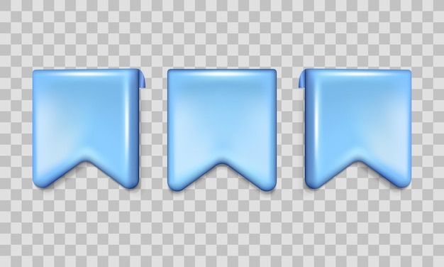 Трехмерные вертикальные ленточные теги в разных положениях с бликами и тенями Векторные синие закладки