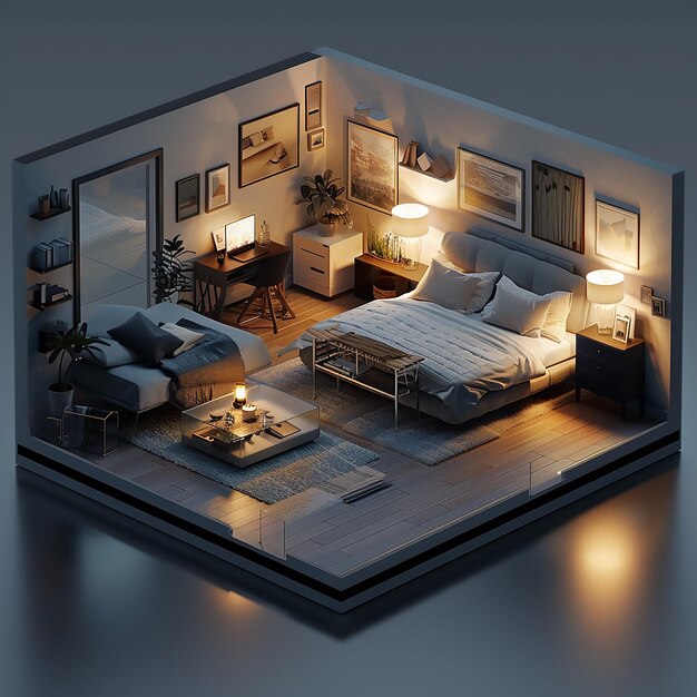 Vettore una vista 3d mostra una casa con una semplice camera da letto e un soggiorno minimalista