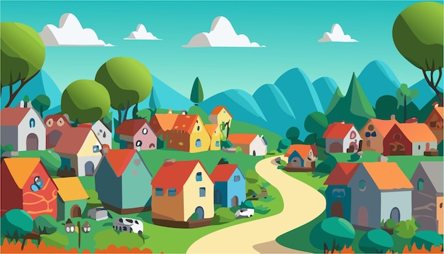 Vector 3d village landscape background vector with blue sky