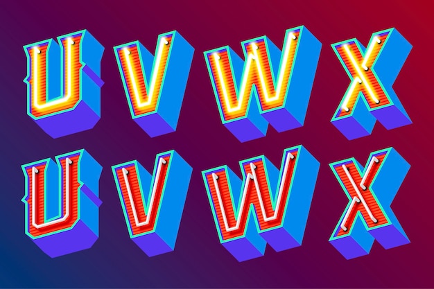 3d vintage letters met fluorescerende neonlichten en aan / uit-schakelaarmodus