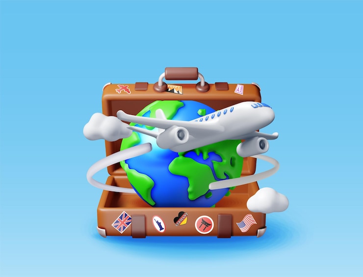 वेक्टर 3d vintage travel bag globe and airplane