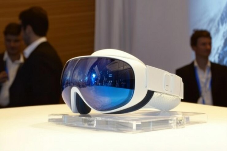 Vector 3d virtual reality headset neon light studio portrait glassed digital art illustration innovation