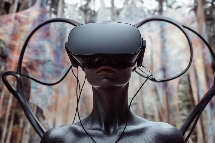 Vector 3d virtual reality headset neon light studio portrait glassed digital art illustration innovation
