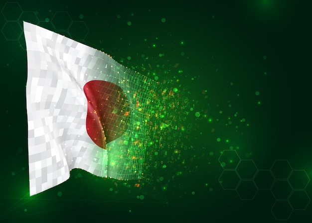 3d vlag op groene achtergrond met veelhoeken en gegevensaantallen, Japan,