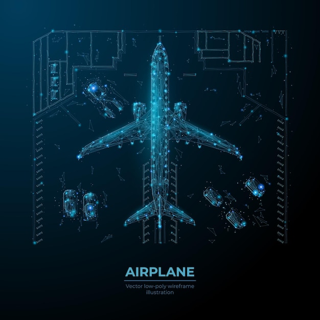 3D vliegtuig en auto's in hangar in donkerblauwe achtergrond Uitzicht vanaf de top Abstracte veelhoekige