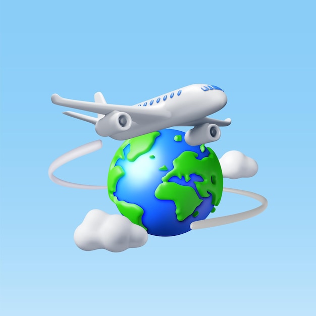 3D-vliegtuig in wolken en een geïsoleerde bol