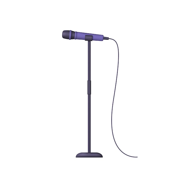 Вектор 3d вокальный микрофон с подставкой и проводом на белом фоне