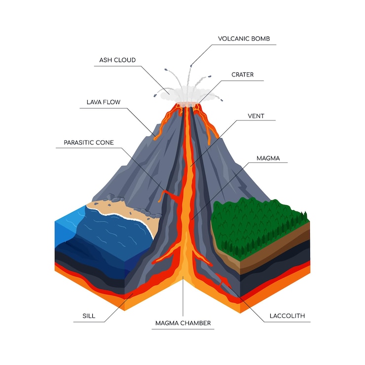 Vector 3d volcano eruption educational poster isometric volcanic infographic atmosphere of ocean earthquake science shield in disaster magma flow mountain vector utter design illustration
