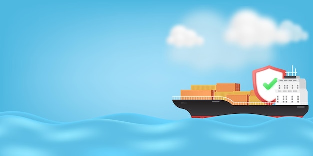 3D Vrachtschip vrachtschip met containersand schild met vinkje pictogram Zee levering en vrachtverzekeringsdiensteninternationale verzending verzending verzekeringvrachtverzekering3D Vector illustratie