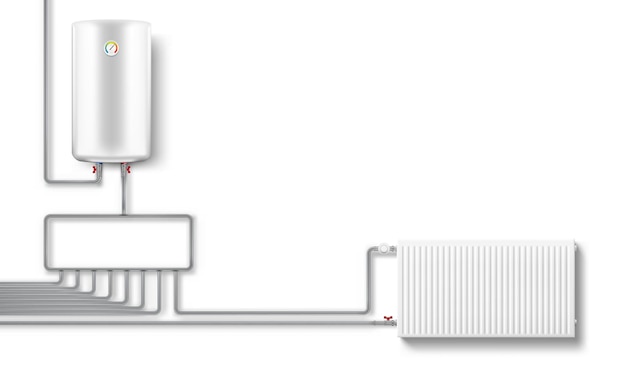 Caldaia dello scaldabagno 3d sul muro bianco