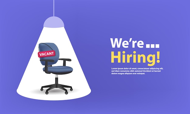 Vector 3d we are recruiting with office chairs and spotlights on a purple background