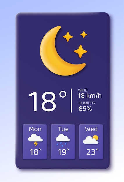 Poster dell'app meteo 3d mezzelune di temperatura notturna estiva con stelle meteorologia e previsioni lunedì martedì e mercoledì banner per il sito web illustrazione vettoriale isometrica