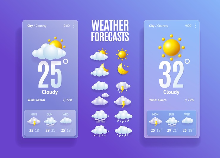 Vector 3d weather forecast app template set plasticine cartoon style vector