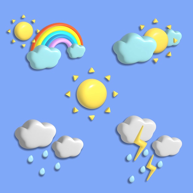 3d icona meteo set sole nuvola pioggia e vettore arcobaleno